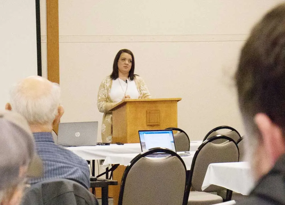 Angelita Sanchez, of #TimberUnity, speaks Wednesday at the Northwest Agricultural Show in Salem.
